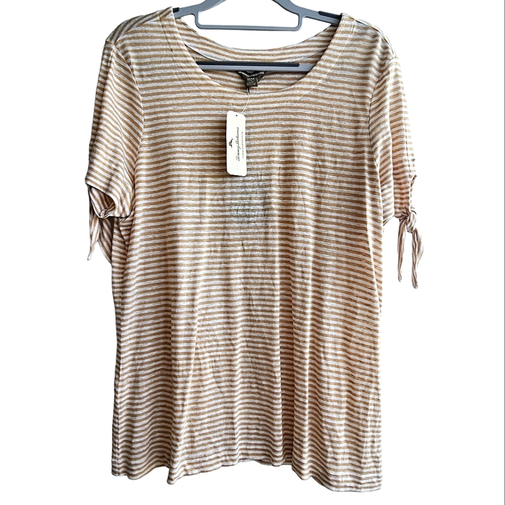 NEW Tommy Bahama Belo Stripe Linen Tan & White Short Sleeve Tee Shirt Size M